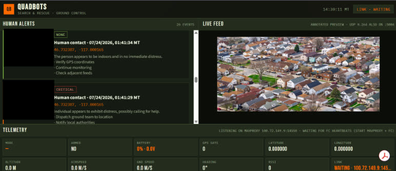 QuadBots ground control dashboard with human alerts, live feed, and telemetry