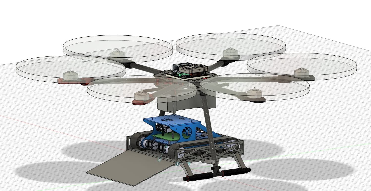 CAD view of the UGV settled on the UAV plate with the ramp down
