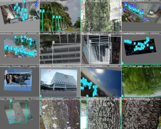 Grid of YOLO test images with bounding boxes on buildings, trees, and vehicles